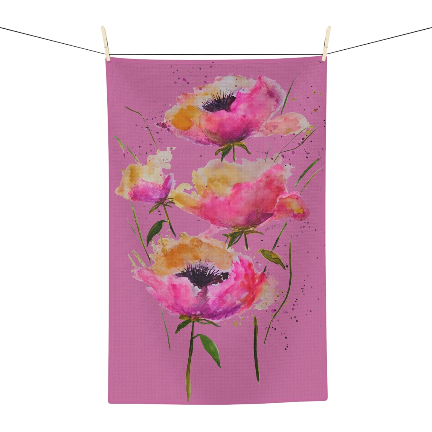 Pink Poppies on Pink - Art by Rien - Microfiber Kitchen Towel