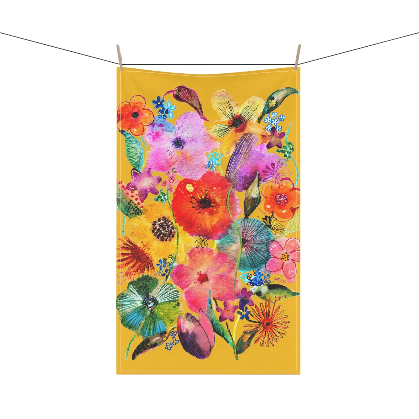 Whimsical Flowers on Yellow - Art by Rien - Kitchen Towel