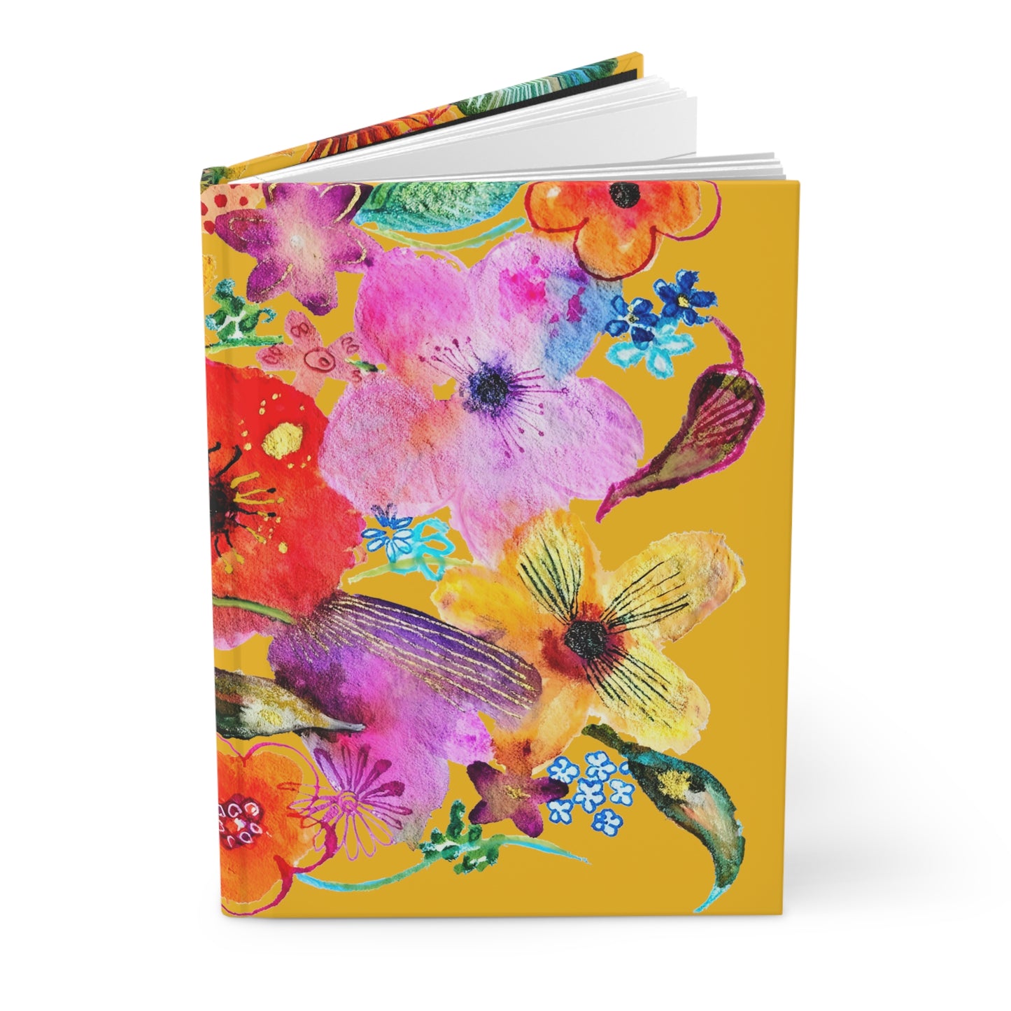 Whimsical Flowers on Yellow - Art by Rien - Hardcover Journal Matte