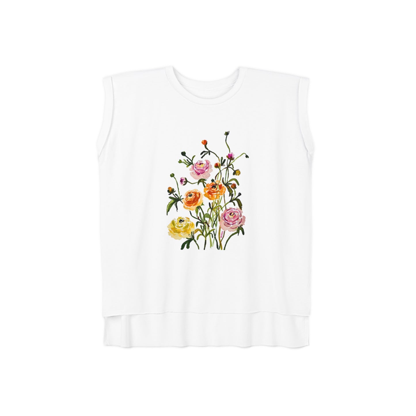 Dancing Ranunculus - Art by Rien - flowy rolled cuffs muscle tee