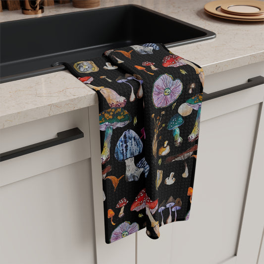 Mushrooms on Black - Art by Rien - Microfiber Kitchen Towel