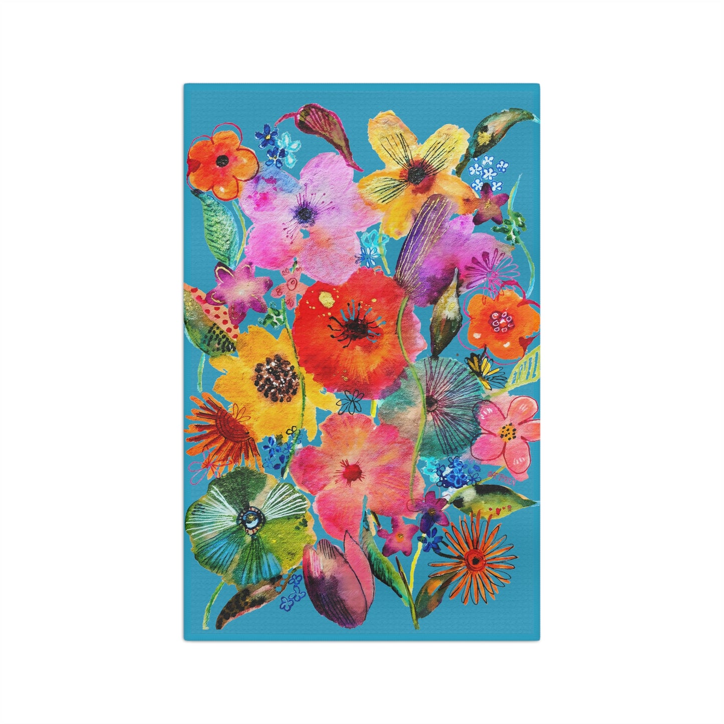 Whimsical Flowers on Turquoise - Art by Rien - Microfiber Kitchen Towel