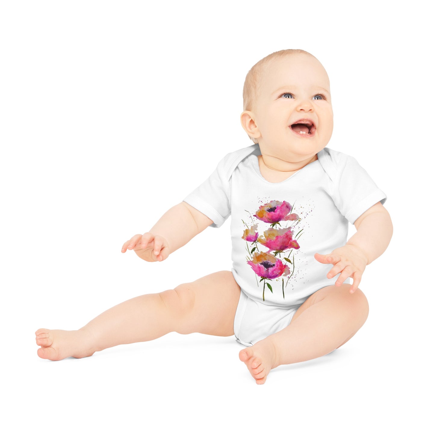 Pink Poppies - Art by Rien - Baby Organic Short Sleeve Bodysuit