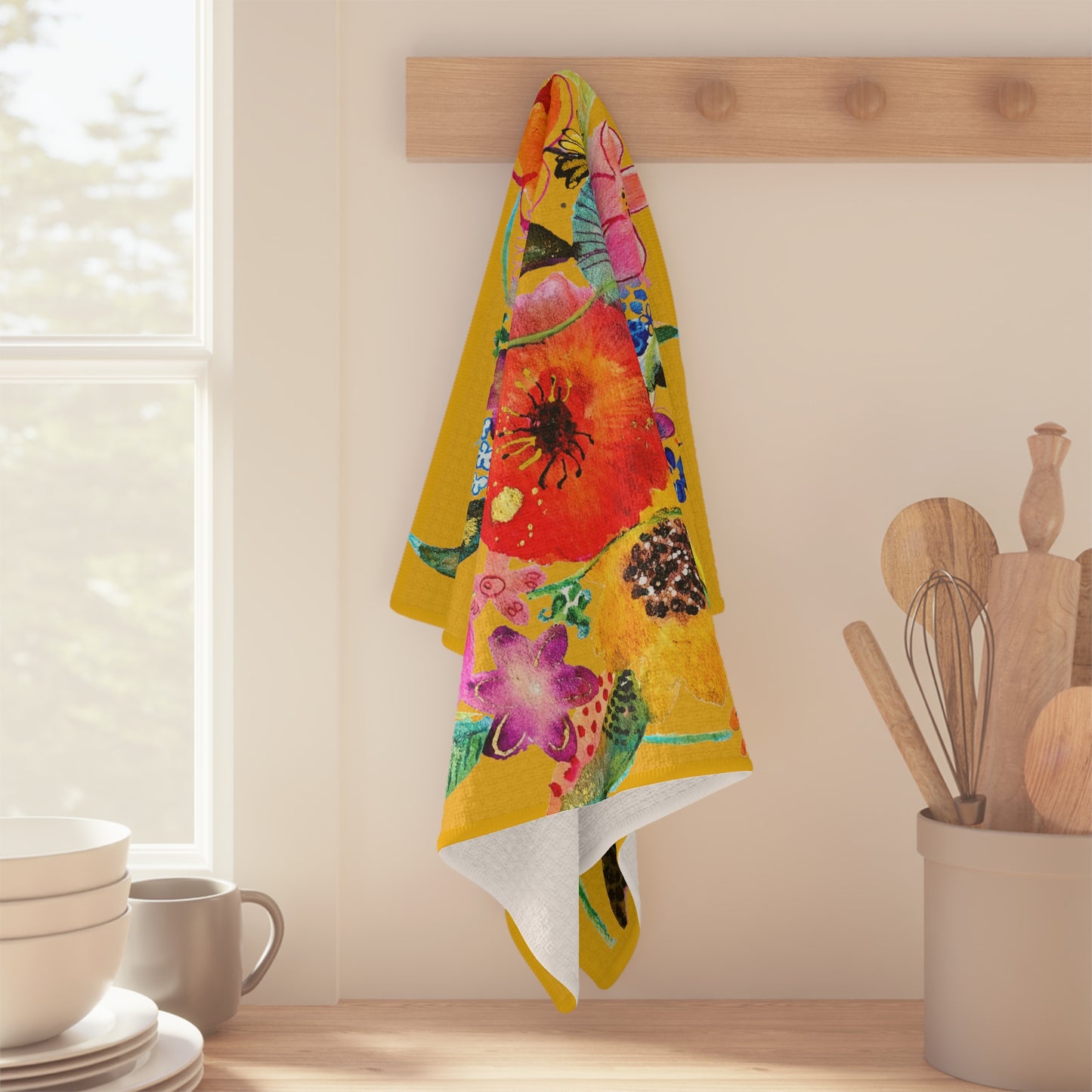 Whimsical Flowers on Yellow - Art by Rien - Microfiber Kitchen Towel