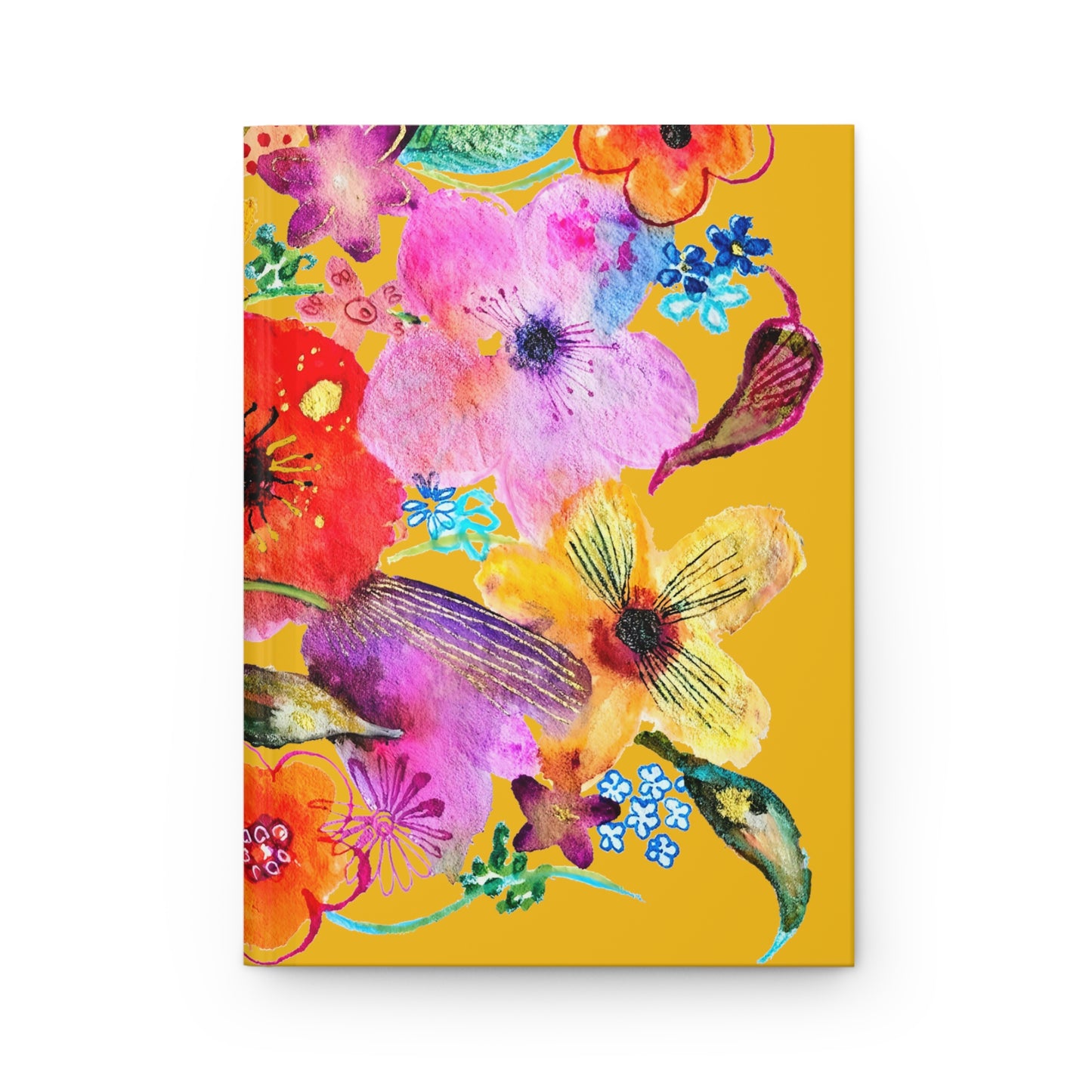 Whimsical Flowers on Yellow - Art by Rien - Hardcover Journal Matte