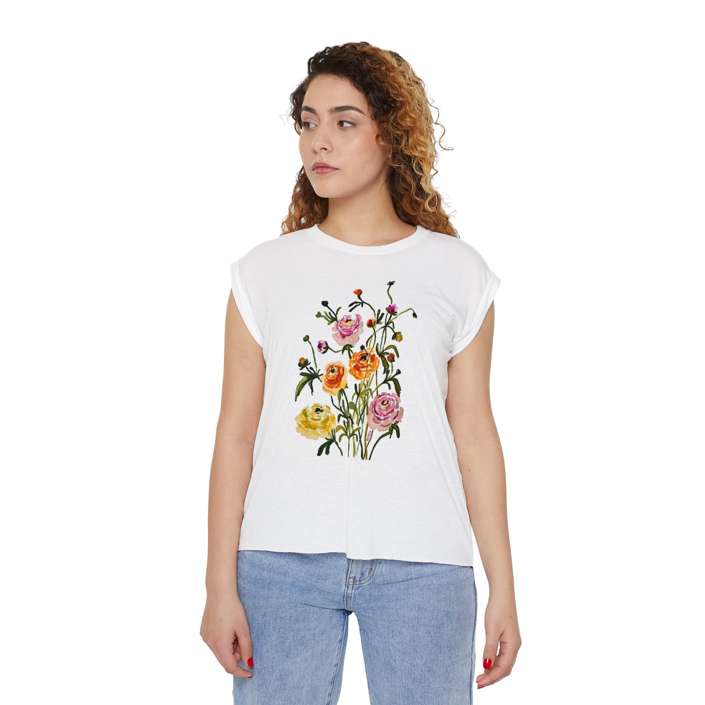 Dancing Ranunculus - Art by Rien - flowy rolled cuffs muscle tee