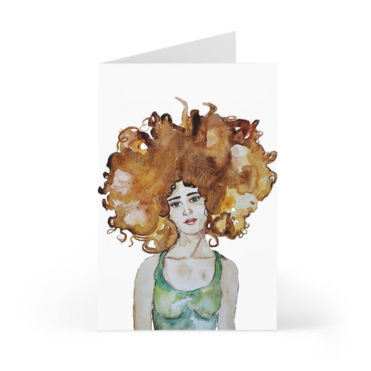 Wind in the Hair on White - Art by Rien - Greeting Cards (7 pcs)