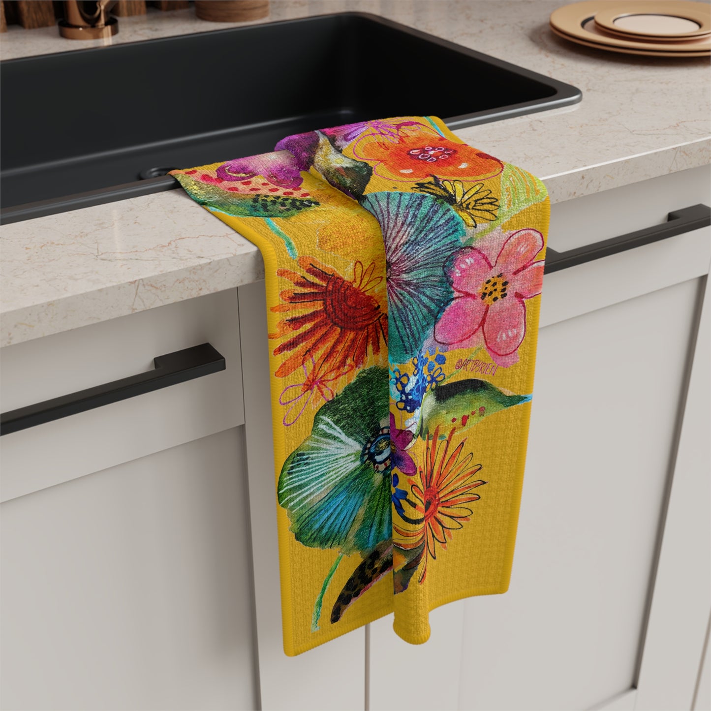 Whimsical Flowers on Yellow - Art by Rien - Microfiber Kitchen Towel