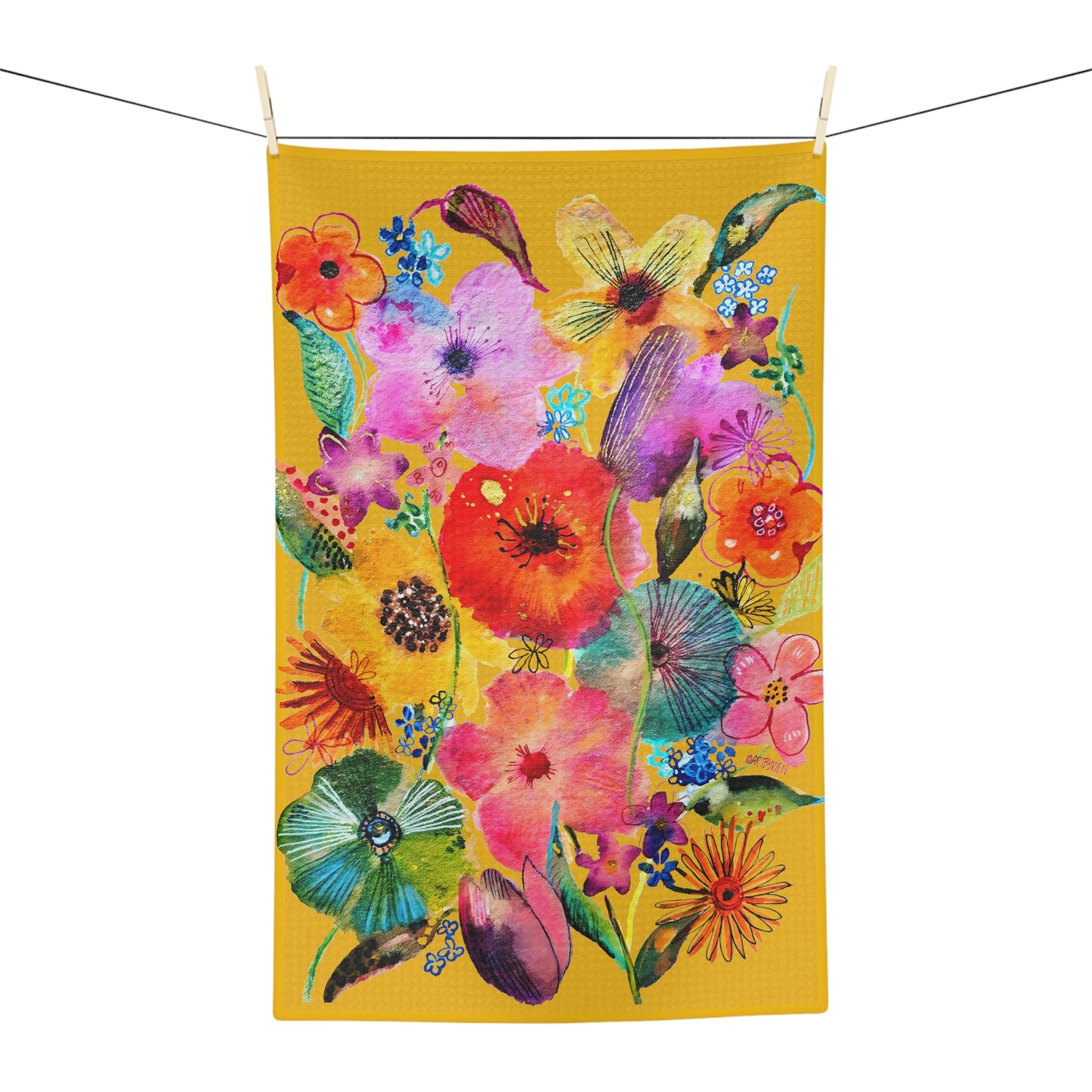 Whimsical Flowers on Yellow - Art by Rien - Microfiber Kitchen Towel