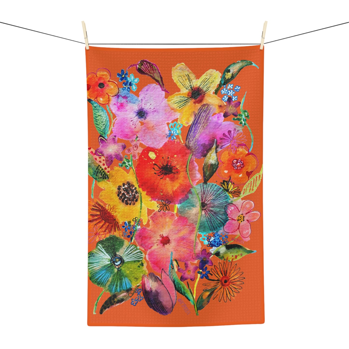 Whimsical Flowers on Orange - Art by Rien - Microfiber Kitchen Towel