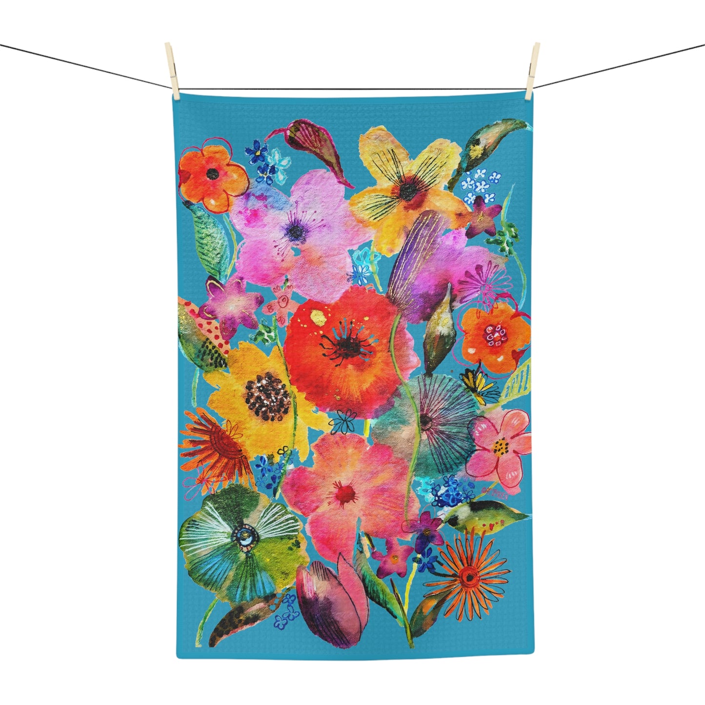 Whimsical Flowers on Turquoise - Art by Rien - Microfiber Kitchen Towel