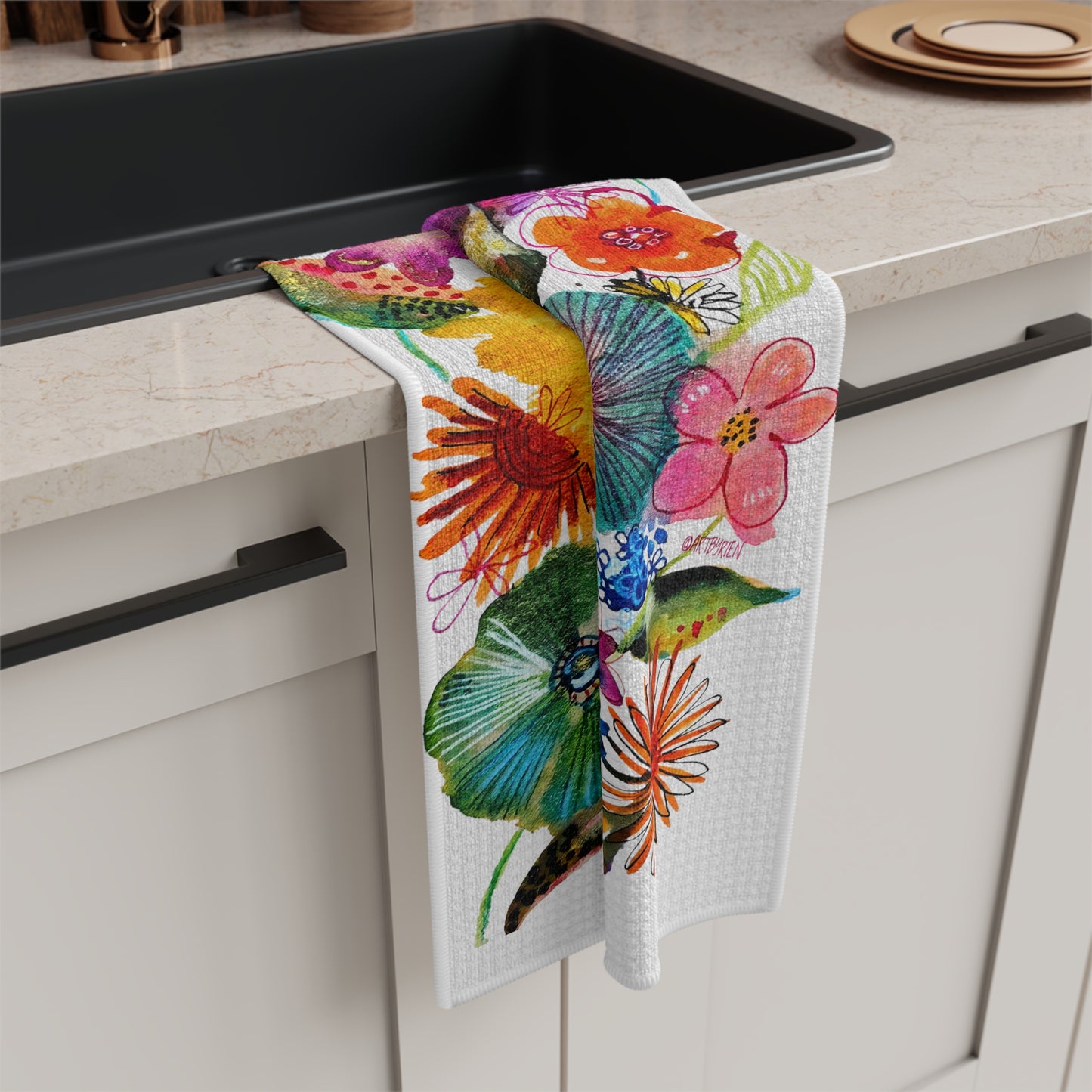 Whimsical Flowers on White - Art by Rien - Microfiber Kitchen Towel