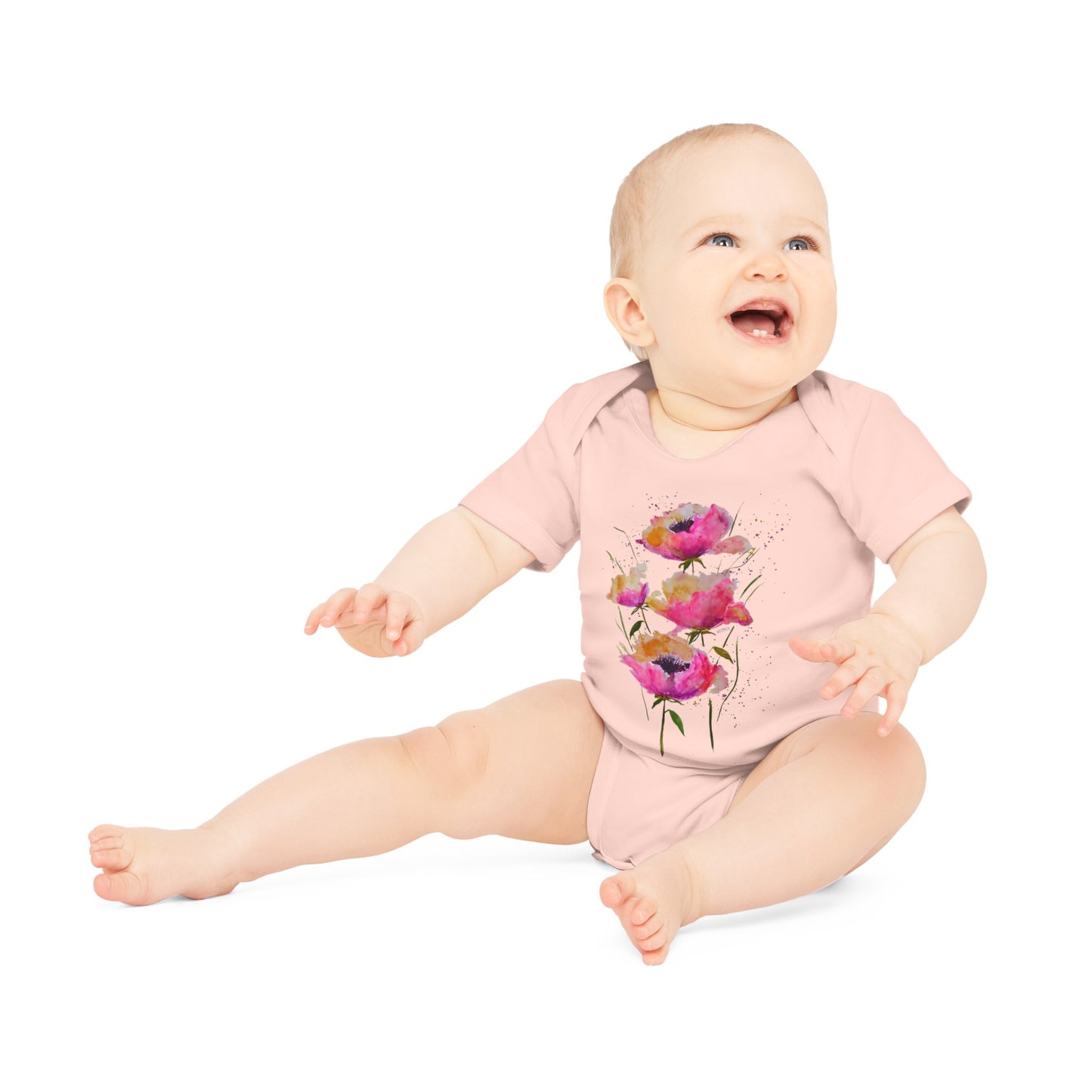 Pink Poppies - Art by Rien - Baby Organic Short Sleeve Bodysuit