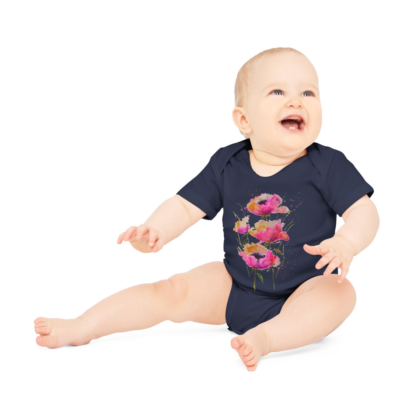 Pink Poppies - Art by Rien - Baby Organic Short Sleeve Bodysuit