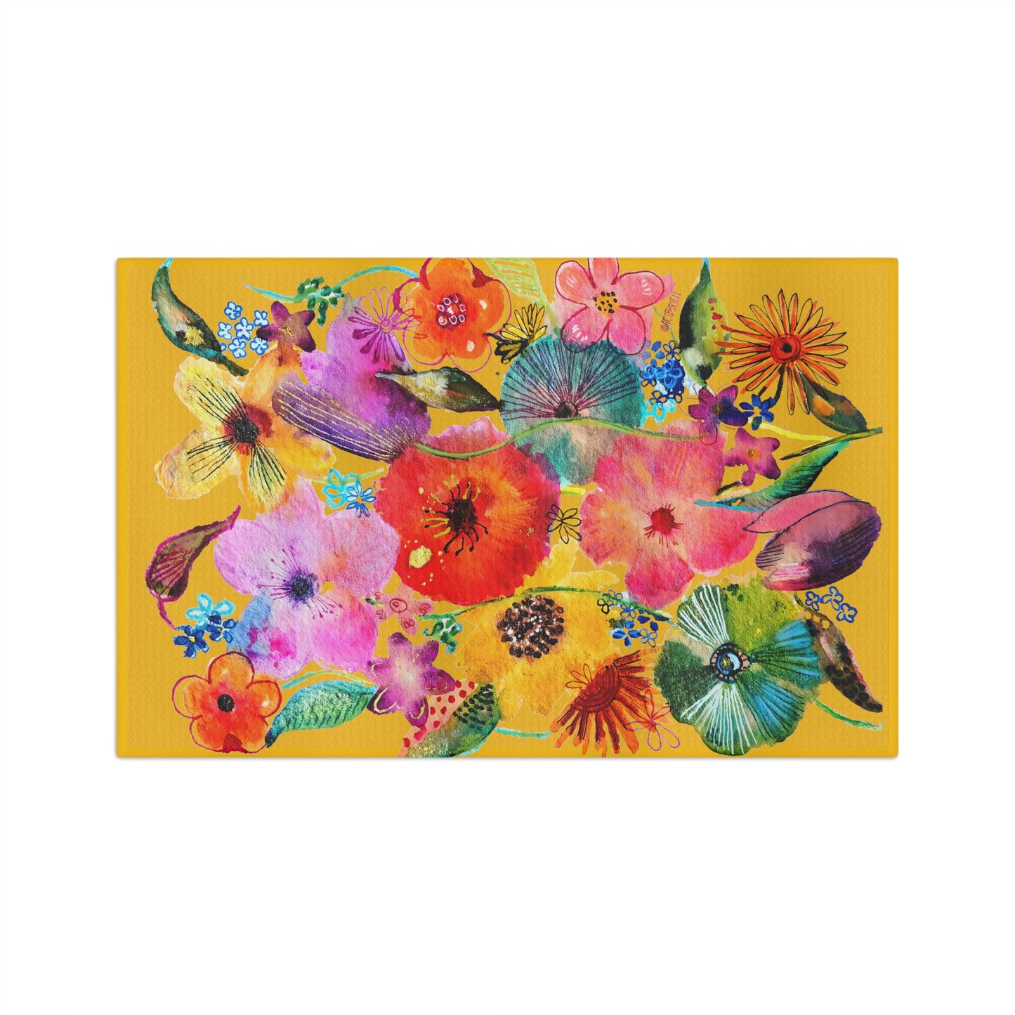 Whimsical Flowers on Yellow - Art by Rien - Microfiber Kitchen Towel