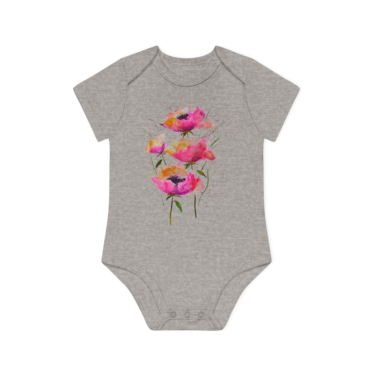 Pink Poppies - Art by Rien - Baby Organic Short Sleeve Bodysuit