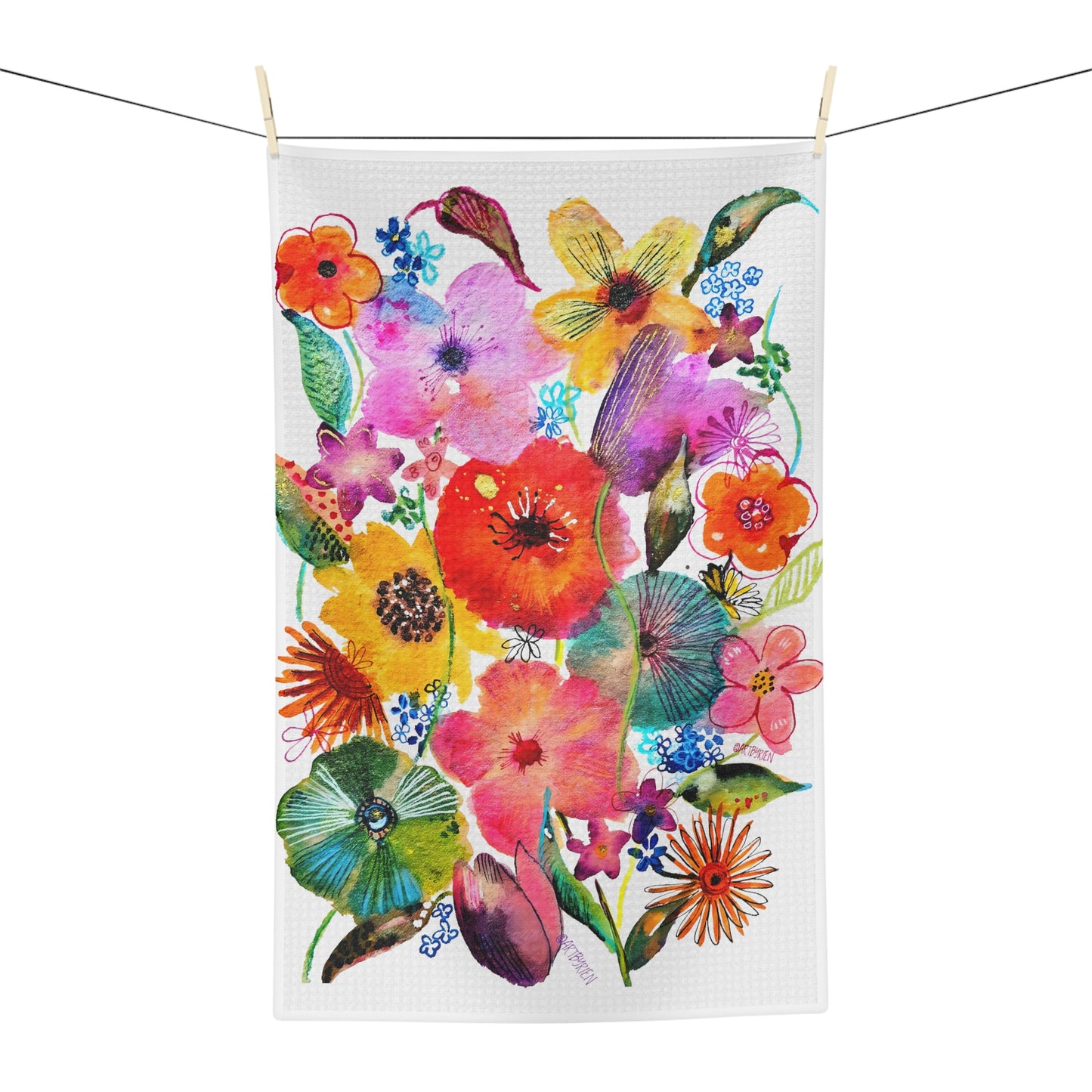 Whimsical Flowers on White - Art by Rien - Microfiber Kitchen Towel