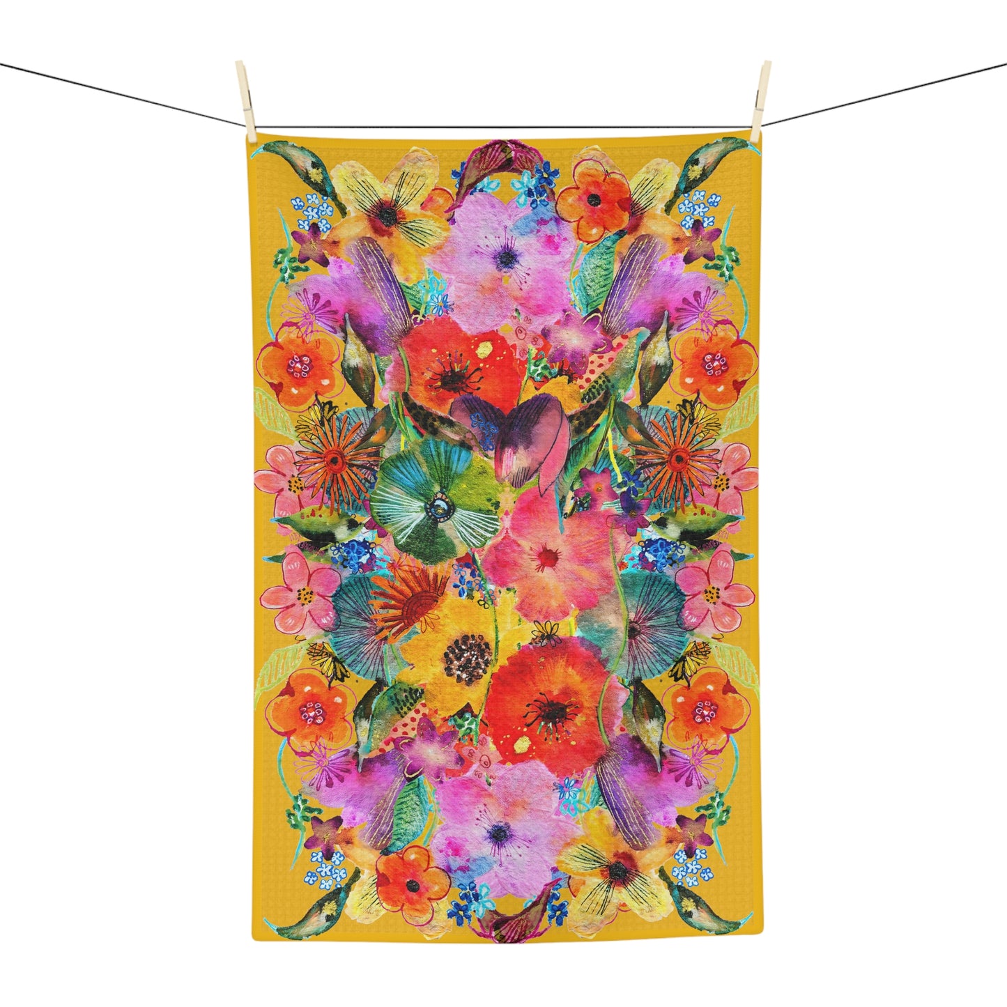 Whimsical Flower Explosion on Yellow - Art by Rien - Microfiber Kitchen Towel