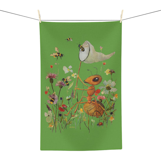 Bee-dazzled Antics on Green - Art by Rien - Microfiber Kitchen Towel