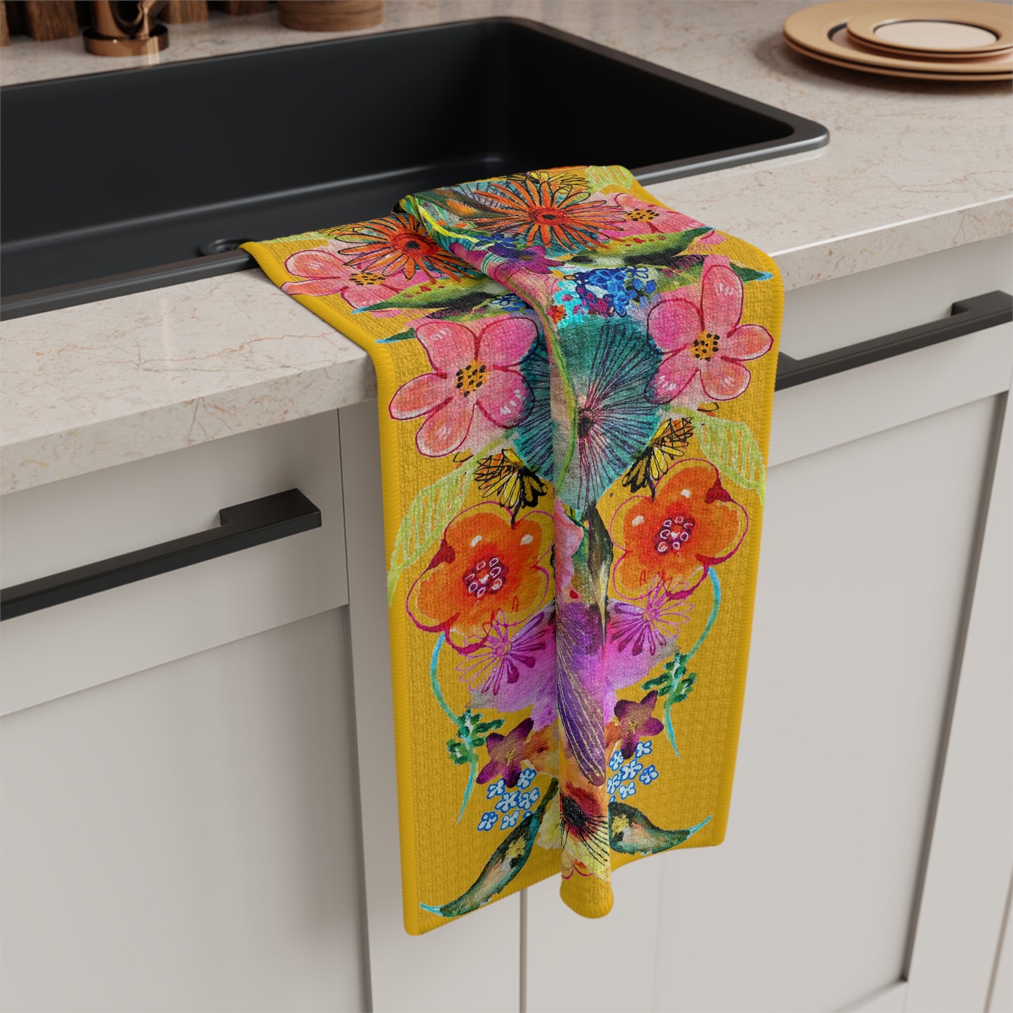 Whimsical Flower Explosion on Yellow - Art by Rien - Microfiber Kitchen Towel