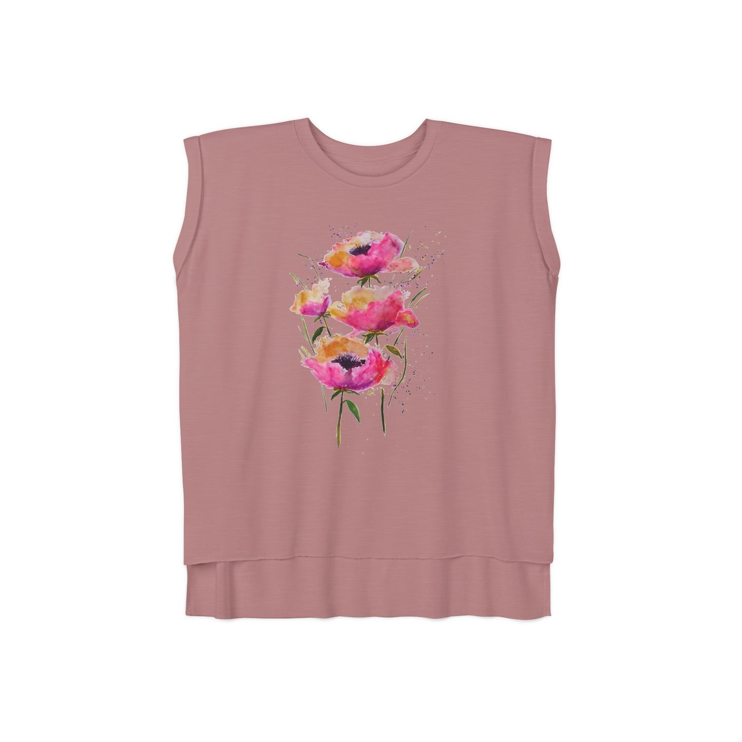 Pink Poppies - Art by Rien - flowy rolled cuffs muscle tee