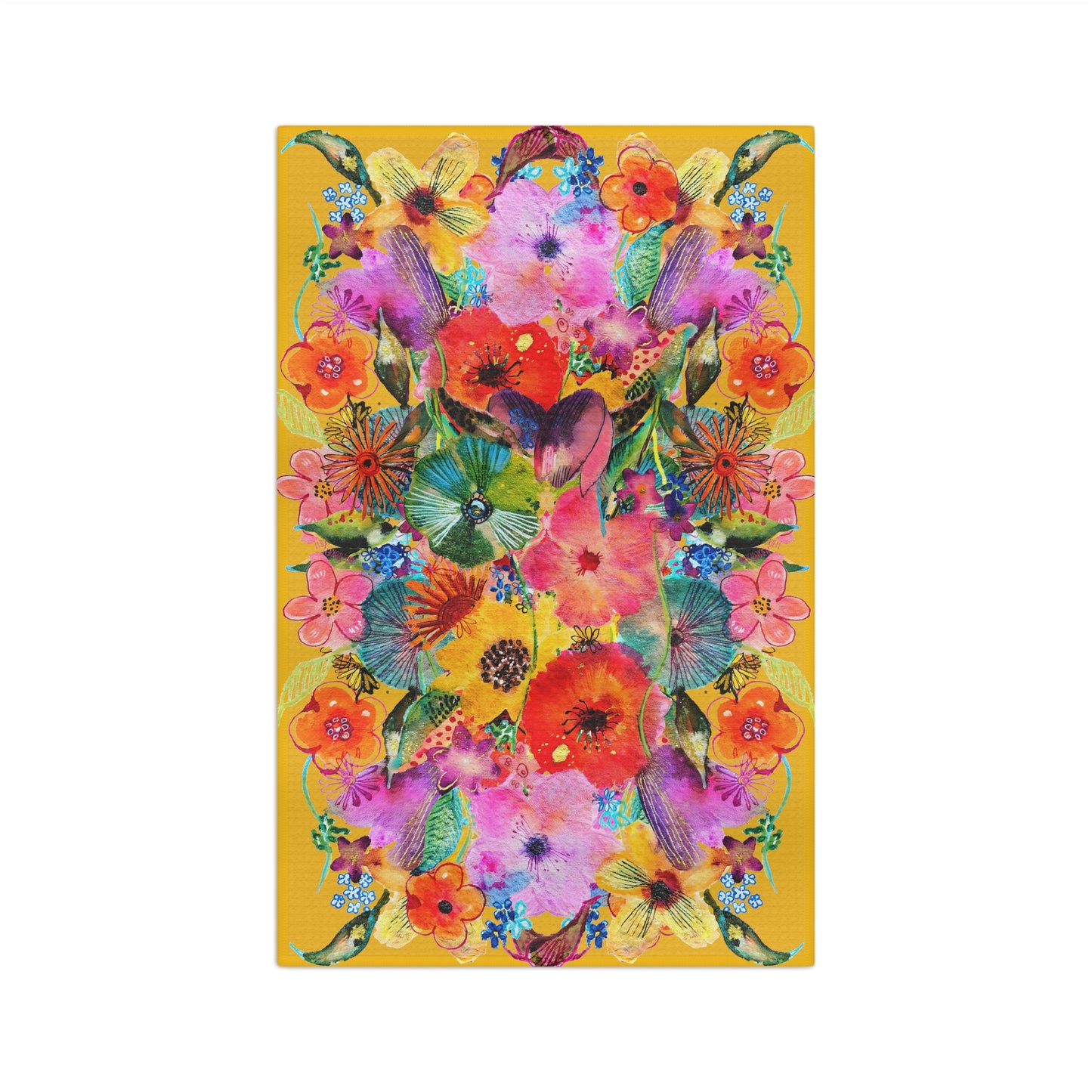 Whimsical Flower Explosion on Yellow - Art by Rien - Microfiber Kitchen Towel