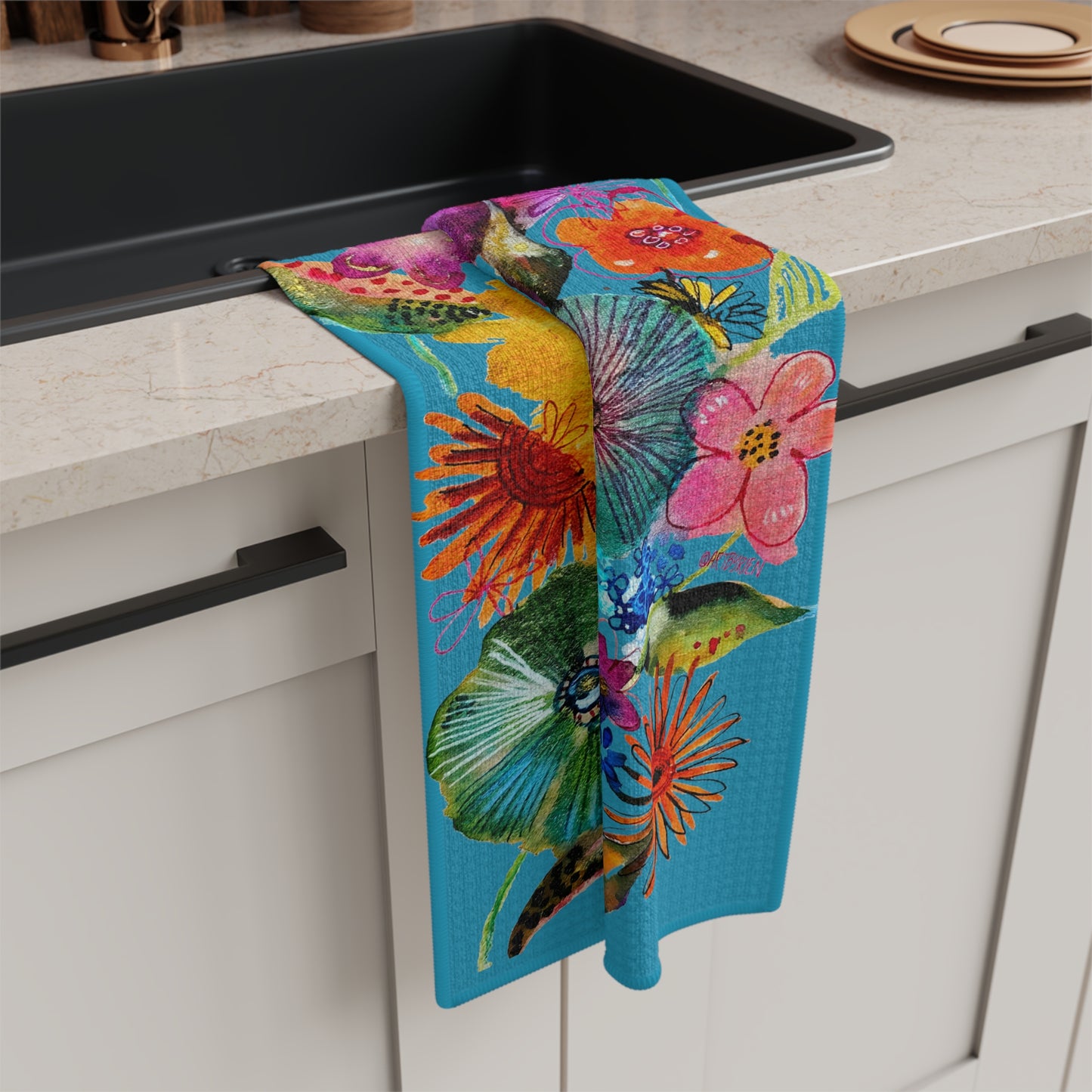 Whimsical Flowers on Turquoise - Art by Rien - Microfiber Kitchen Towel