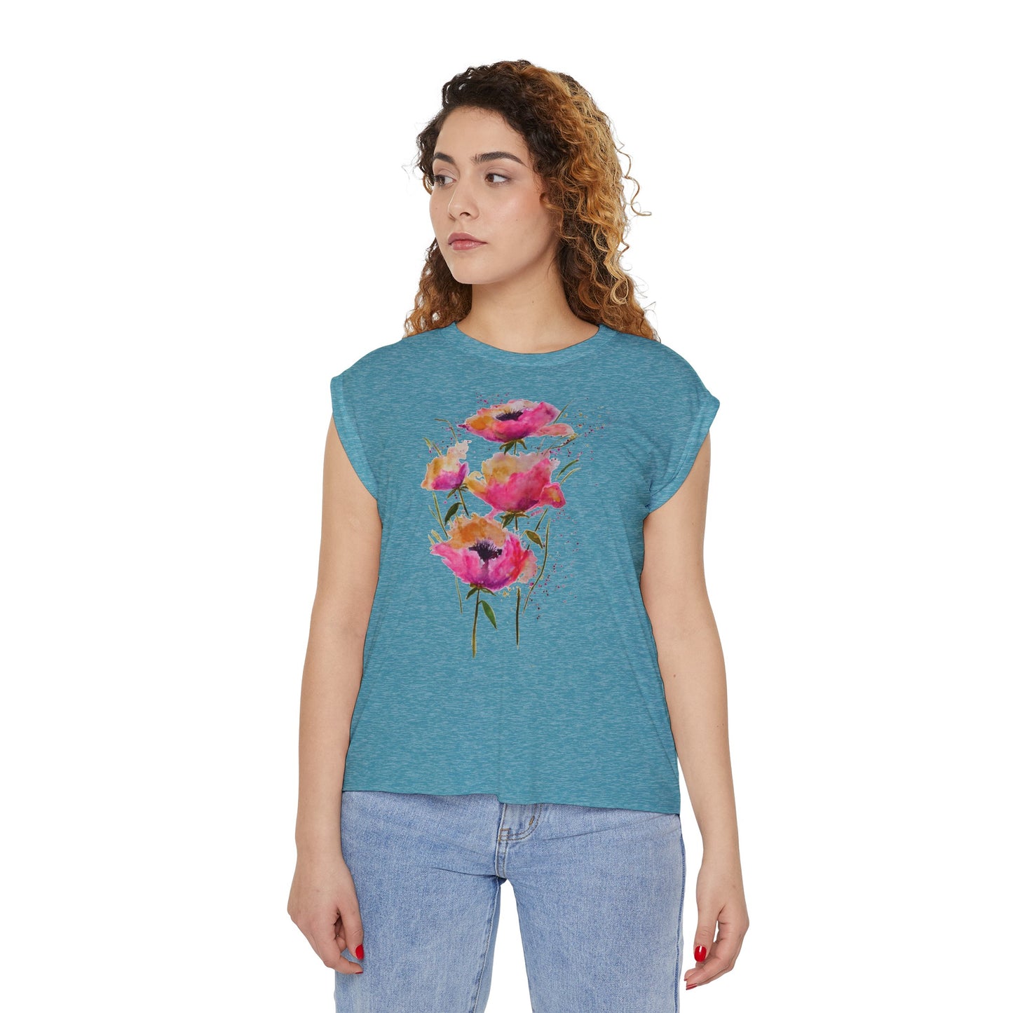 Pink Poppies - Art by Rien - flowy rolled cuffs muscle tee