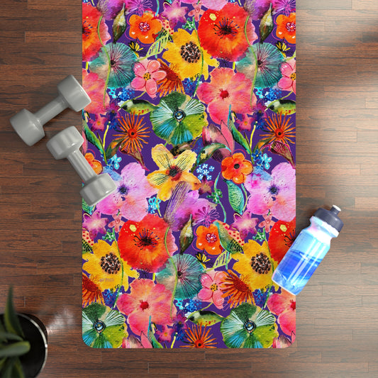 Whimsical Flowers on Purple - Art by Rien -Rubber Yoga Mat