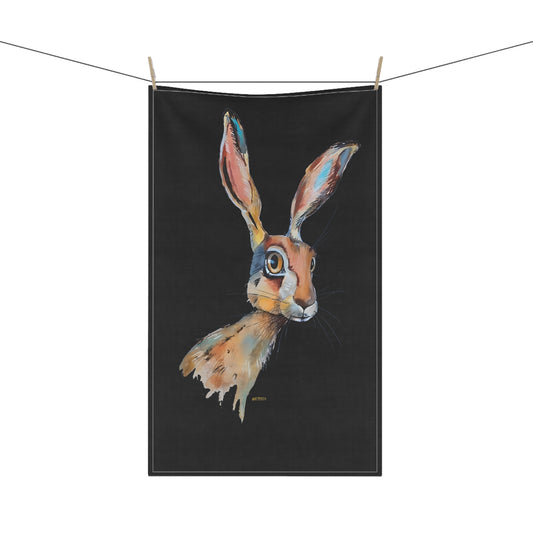 Aware Hare on Black - Art by Rien - Kitchen Towel