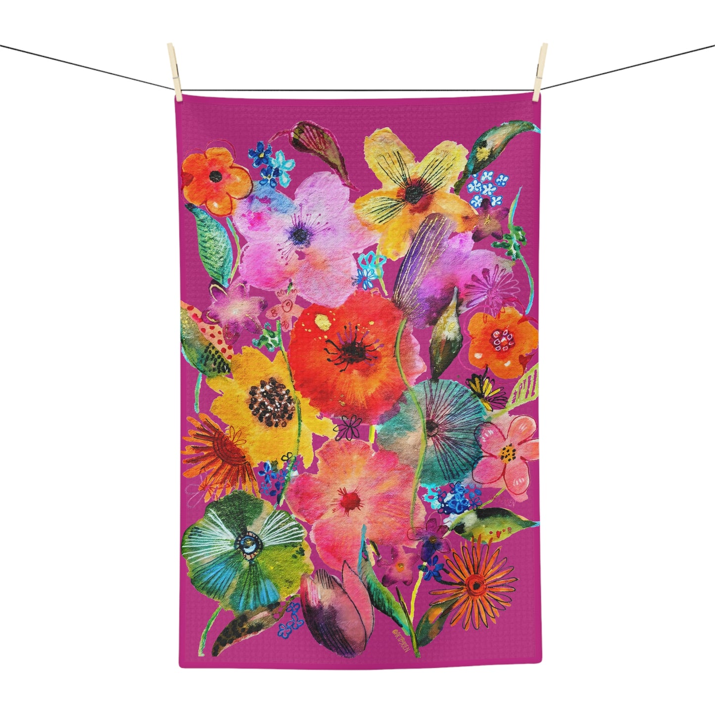 Whimsical Flowers on Pink - Art by Rien - Microfiber Kitchen Towel