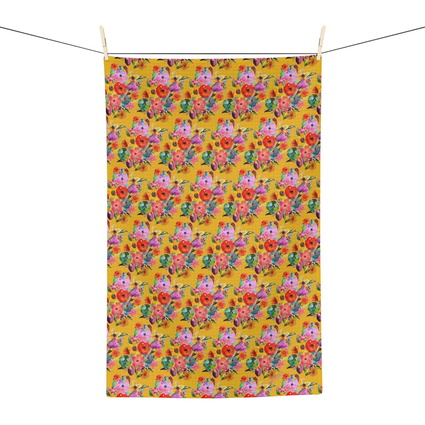 Whimsical Flower Pattern on Yellow - Art by Rien - Microfiber Kitchen Towel