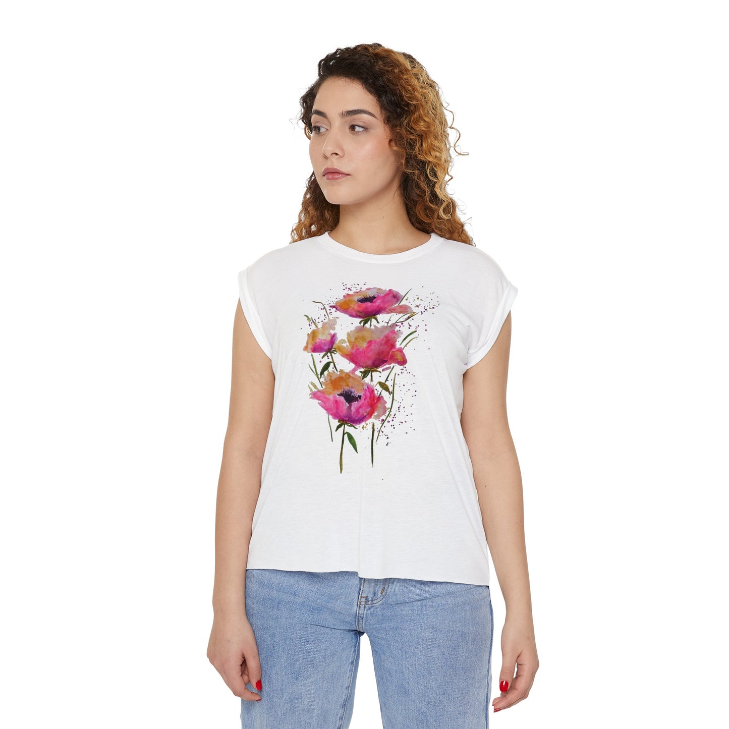 Pink Poppies - Art by Rien - flowy rolled cuffs muscle tee