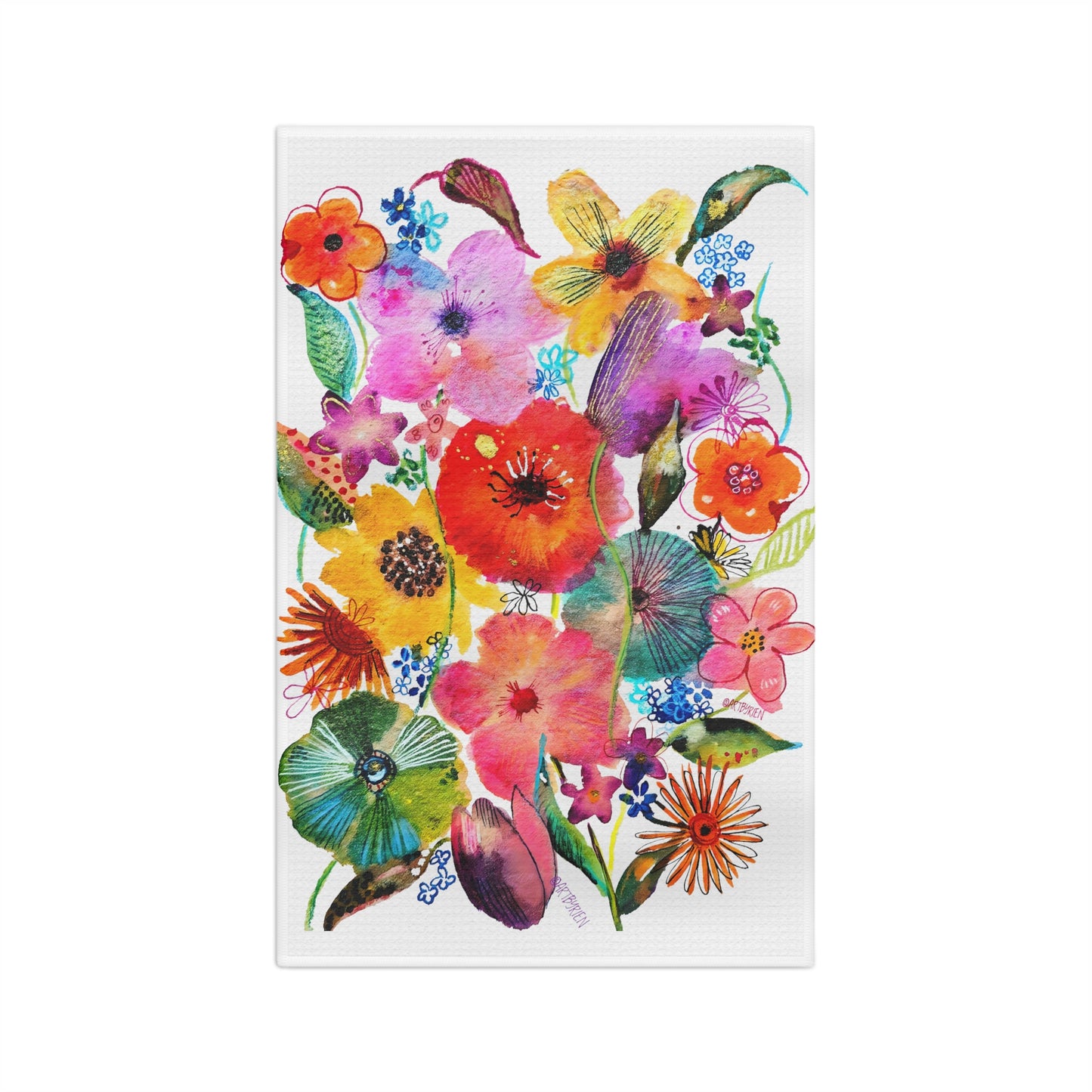 Whimsical Flowers on White - Art by Rien - Microfiber Kitchen Towel