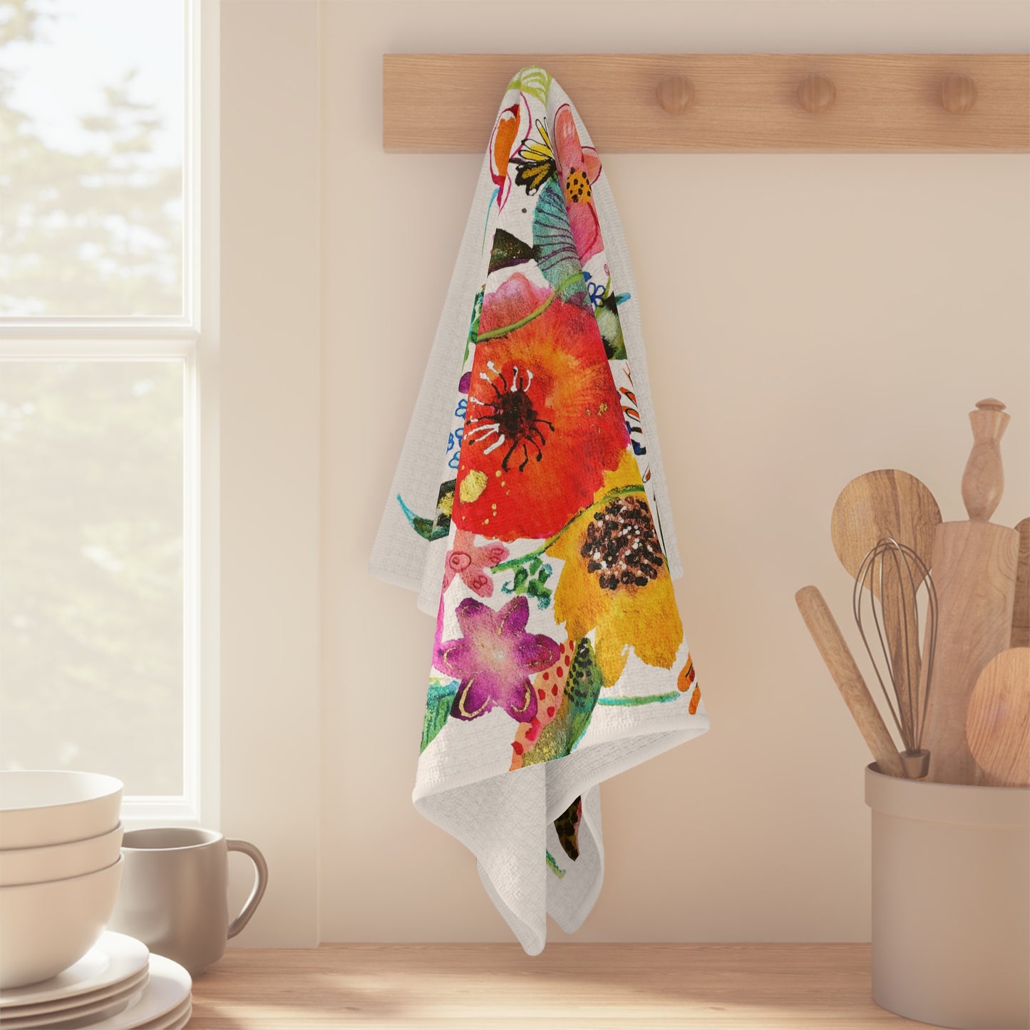 Whimsical Flowers on White - Art by Rien - Microfiber Kitchen Towel