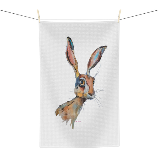 Aware Hare on White - Art by Rien - Microfiber Kitchen Towel