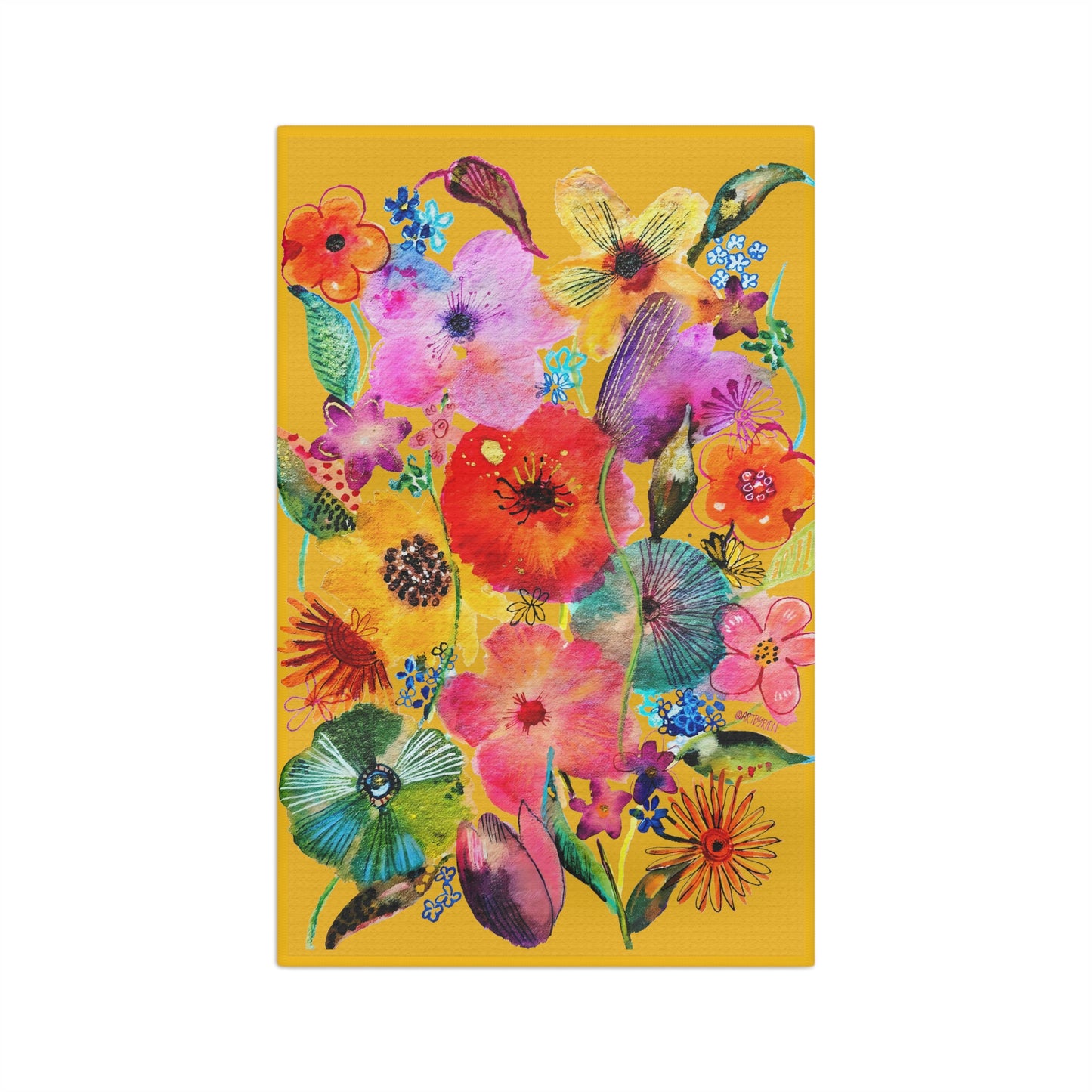 Whimsical Flowers on Yellow - Art by Rien - Microfiber Kitchen Towel