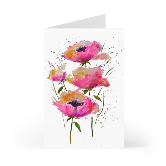 Pink Poppies on White - Art by Rien - Greeting Cards (7 pcs)