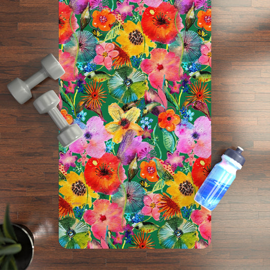 Whimsical Flowers on Green - Art by Rien -Rubber Yoga Mat