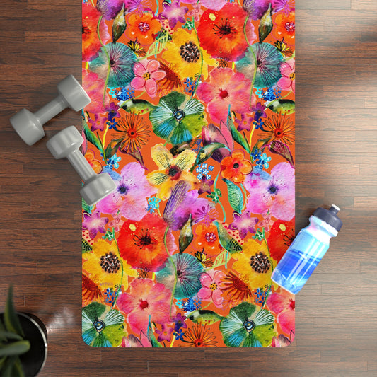 Whimsical Flowers on Orange - Art by Rien -Rubber Yoga Mat