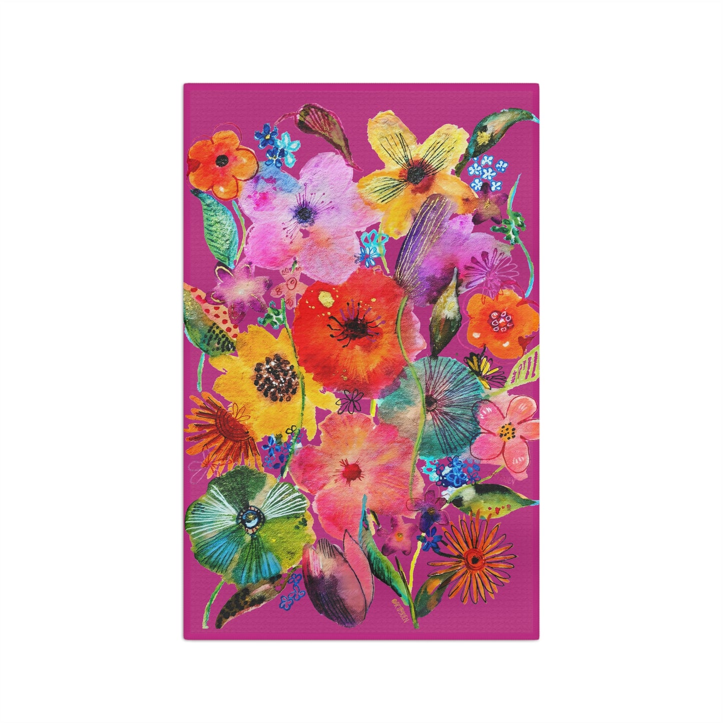 Whimsical Flowers on Pink - Art by Rien - Microfiber Kitchen Towel