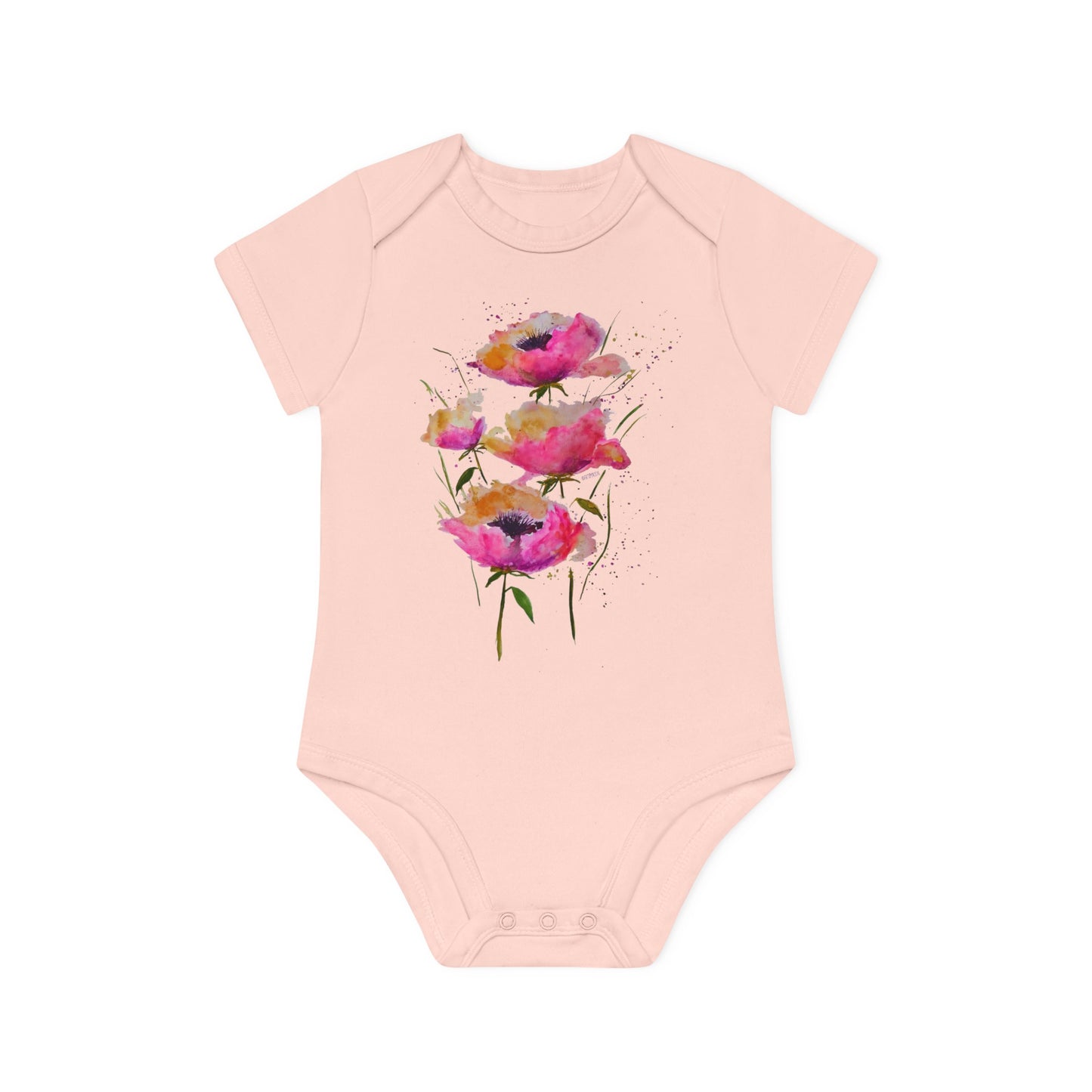 Pink Poppies - Art by Rien - Baby Organic Short Sleeve Bodysuit