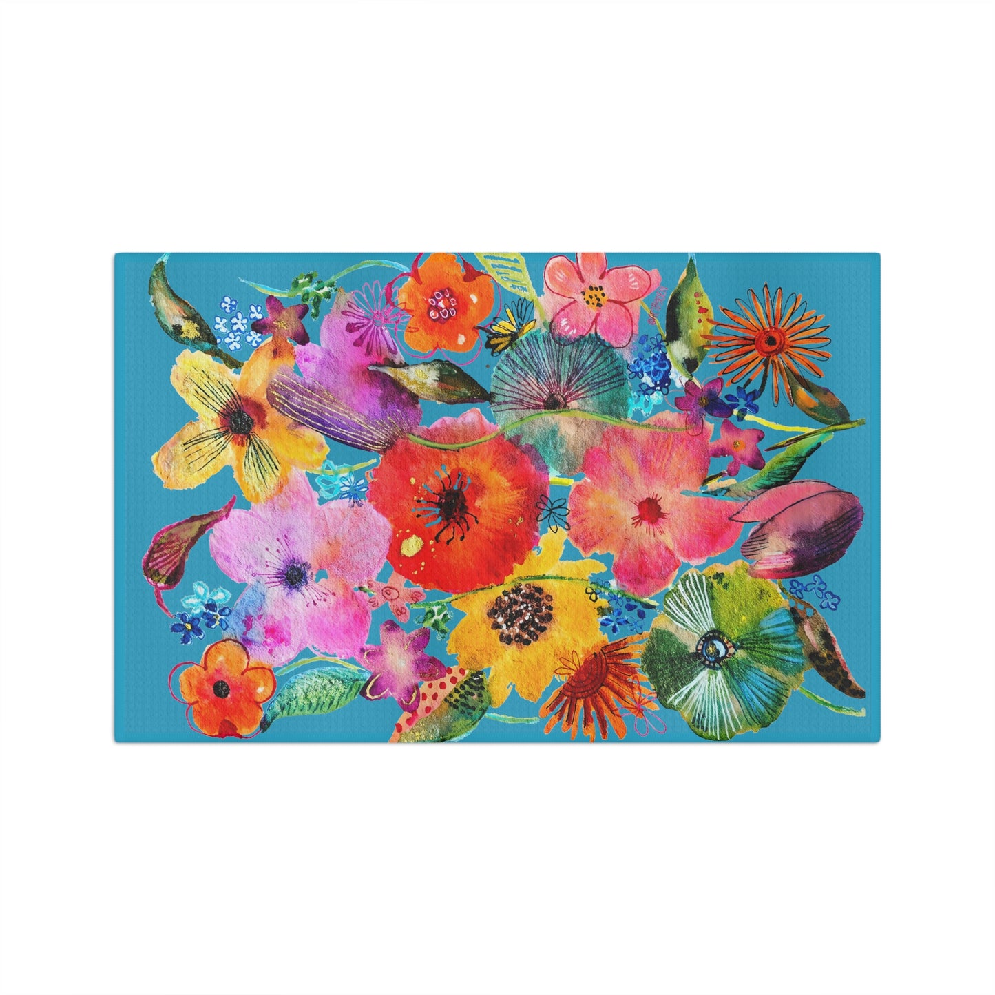 Whimsical Flowers on Turquoise - Art by Rien - Microfiber Kitchen Towel