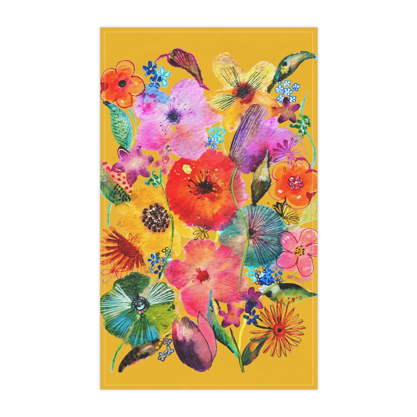 Whimsical Flowers on Yellow - Art by Rien - Kitchen Towel