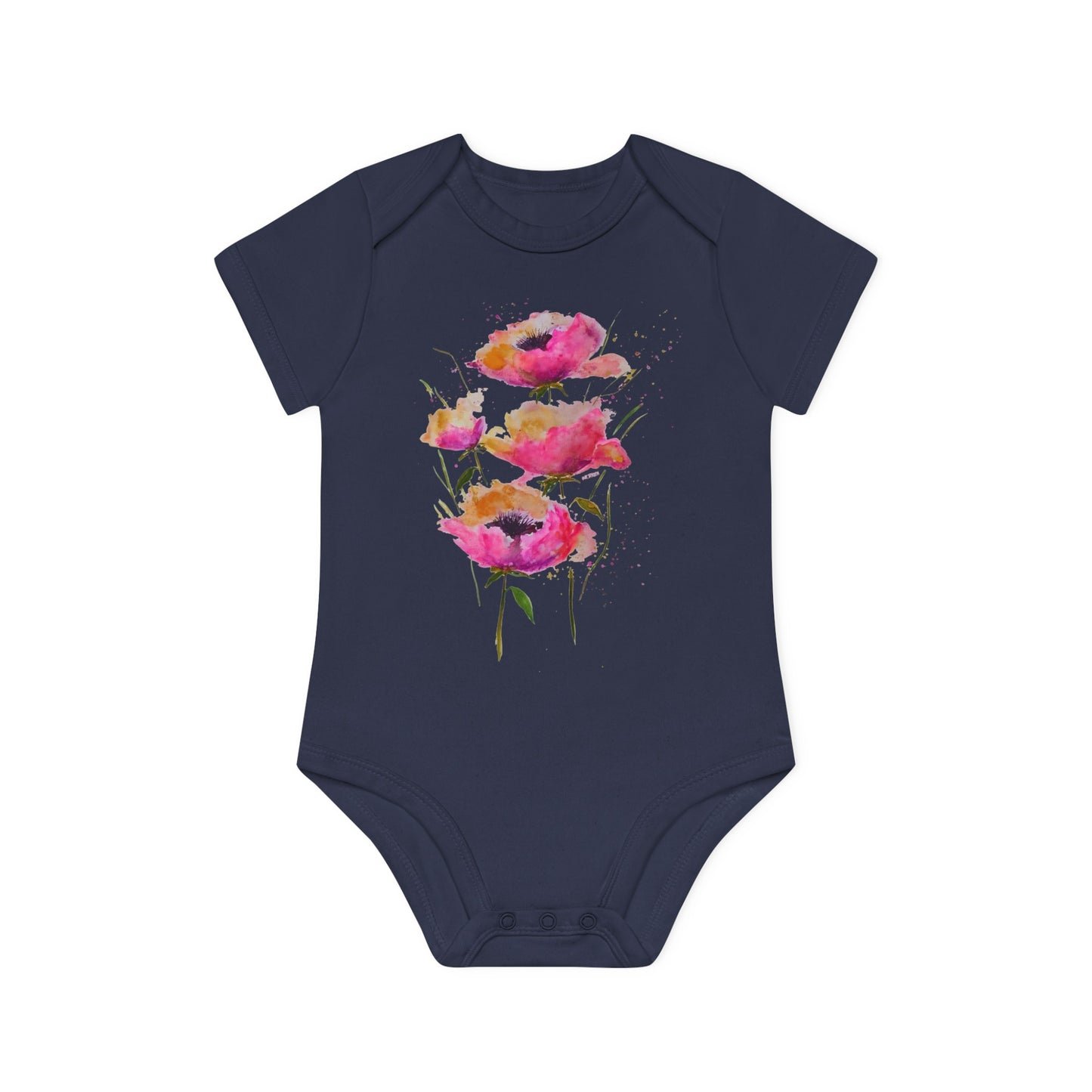 Pink Poppies - Art by Rien - Baby Organic Short Sleeve Bodysuit