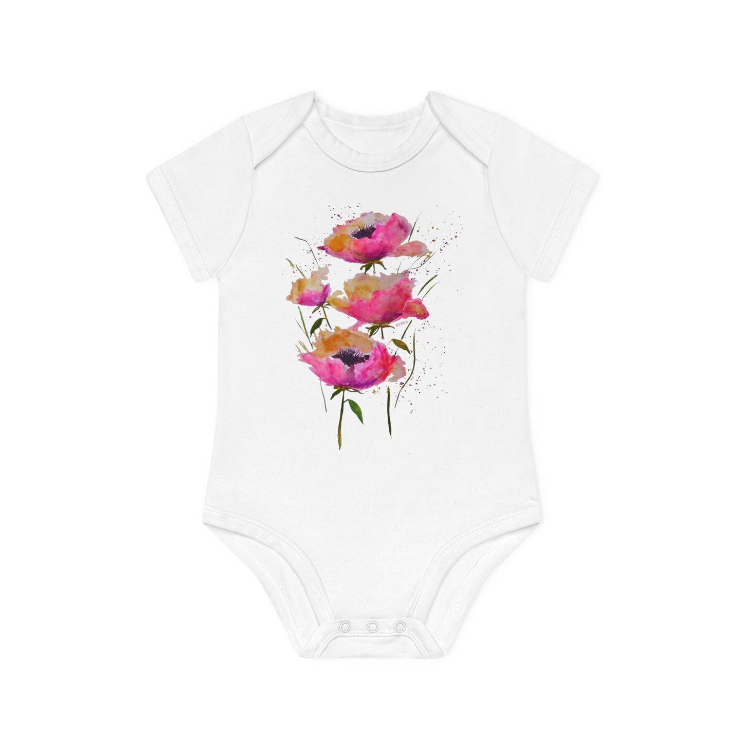 Pink Poppies - Art by Rien - Baby Organic Short Sleeve Bodysuit