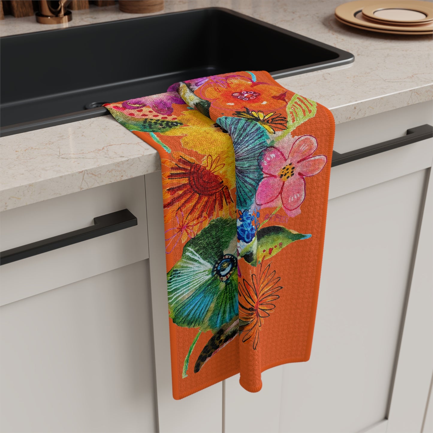 Whimsical Flowers on Orange - Art by Rien - Microfiber Kitchen Towel