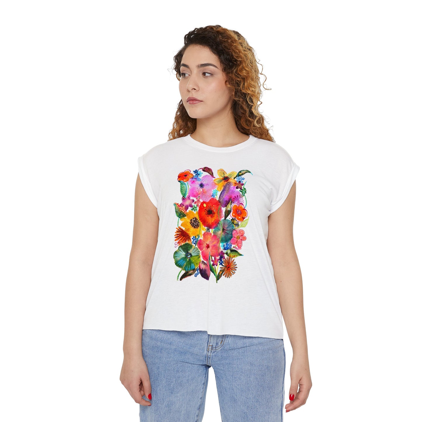 Whimsical Flowers - Art by Rien - flowy rolled cuffs muscle tee