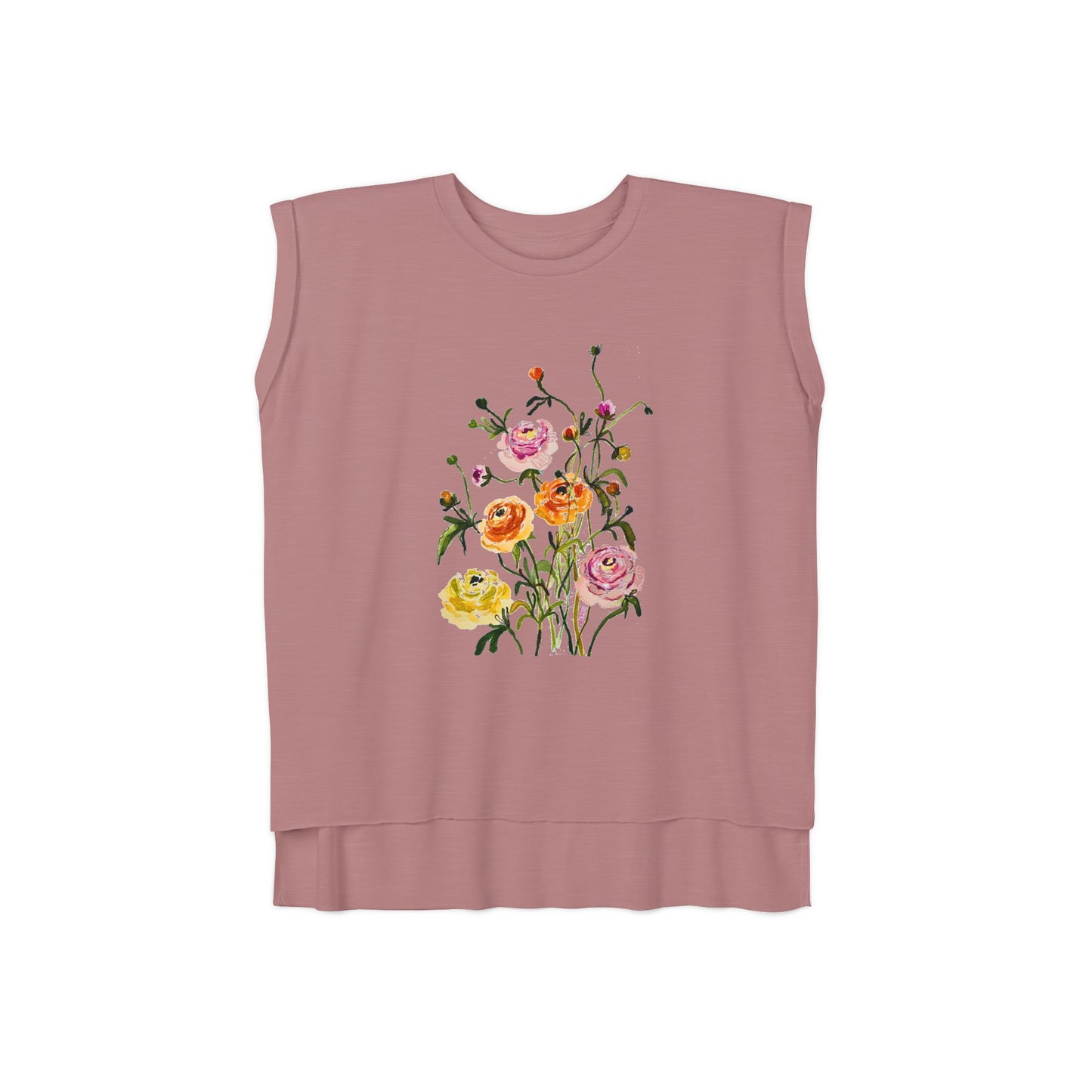 Dancing Ranunculus - Art by Rien - flowy rolled cuffs muscle tee