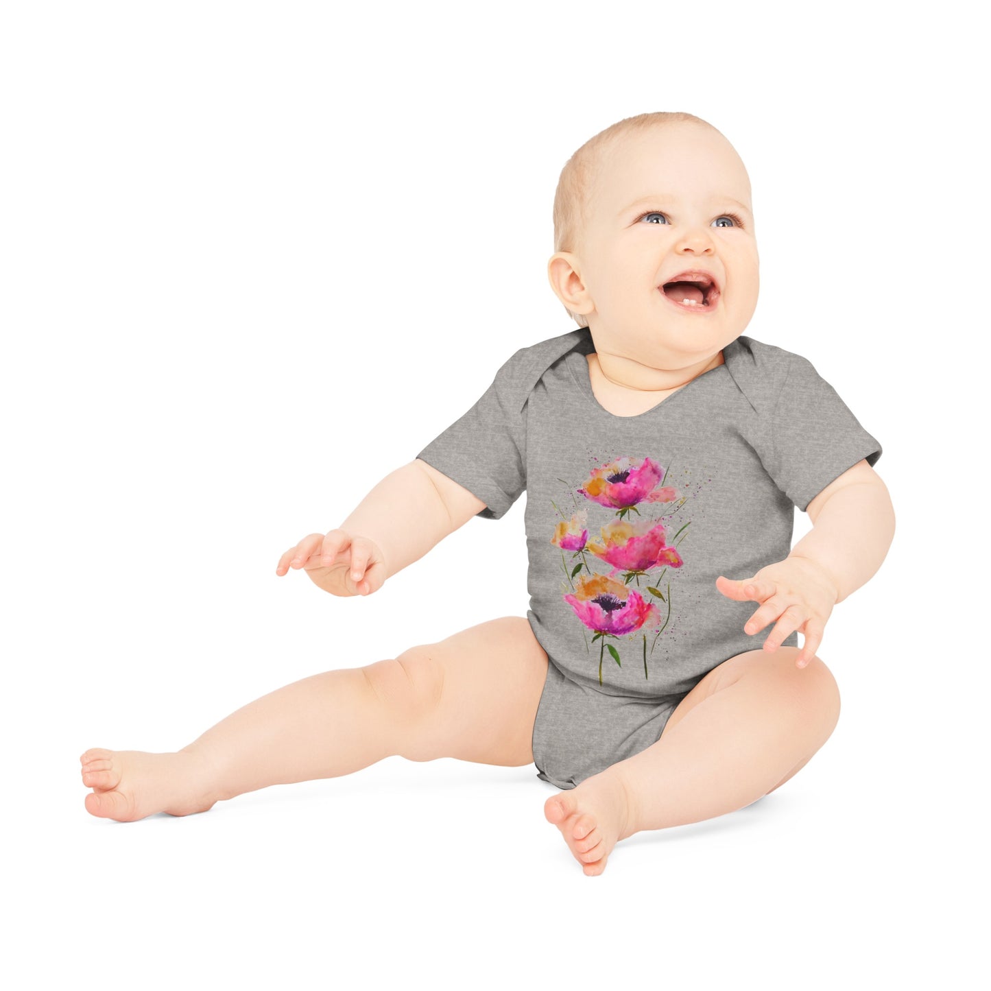 Pink Poppies - Art by Rien - Baby Organic Short Sleeve Bodysuit